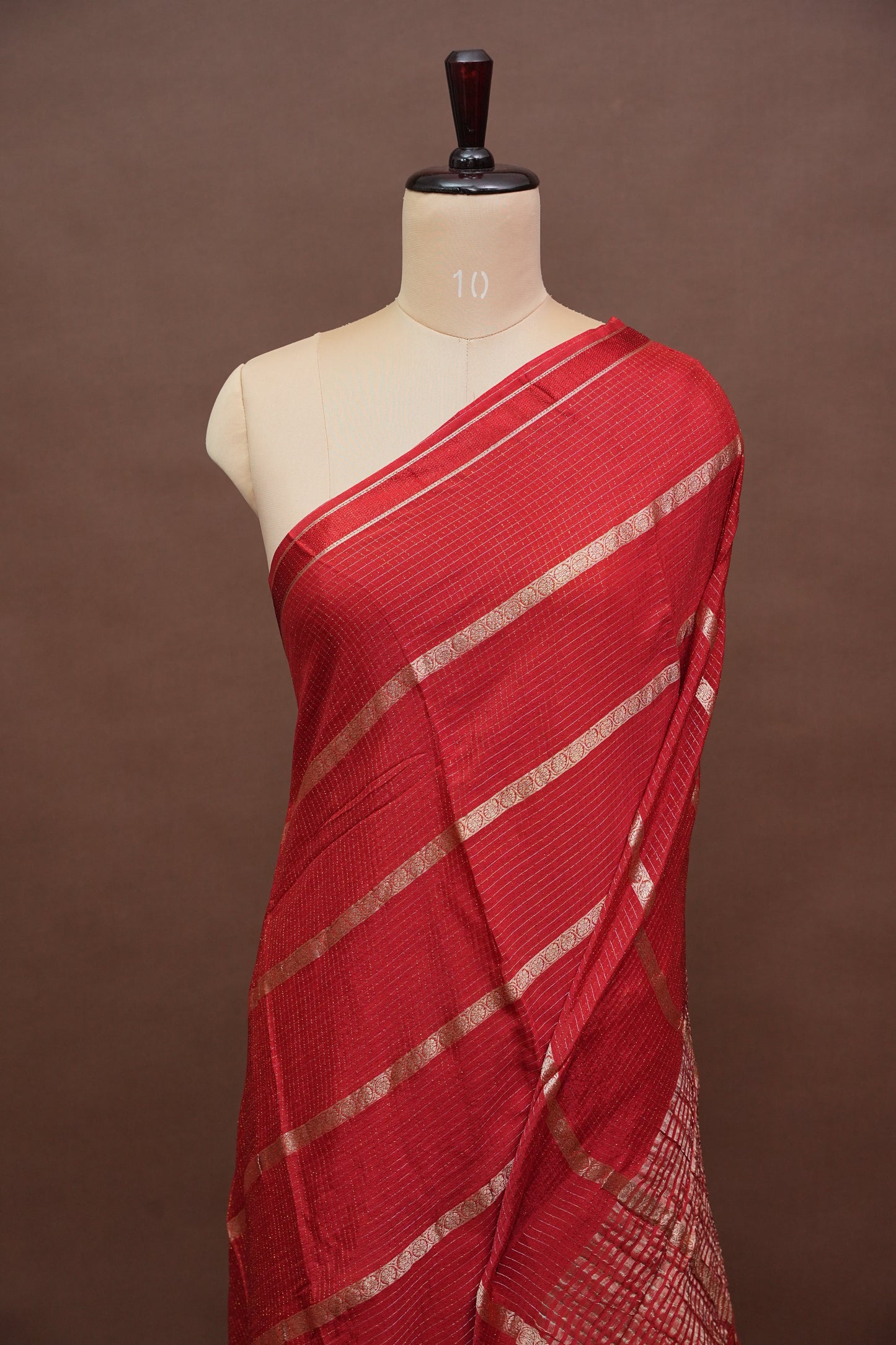 Deep Crimson Crepe Silk Saree with Elegant Gold Zari Checks