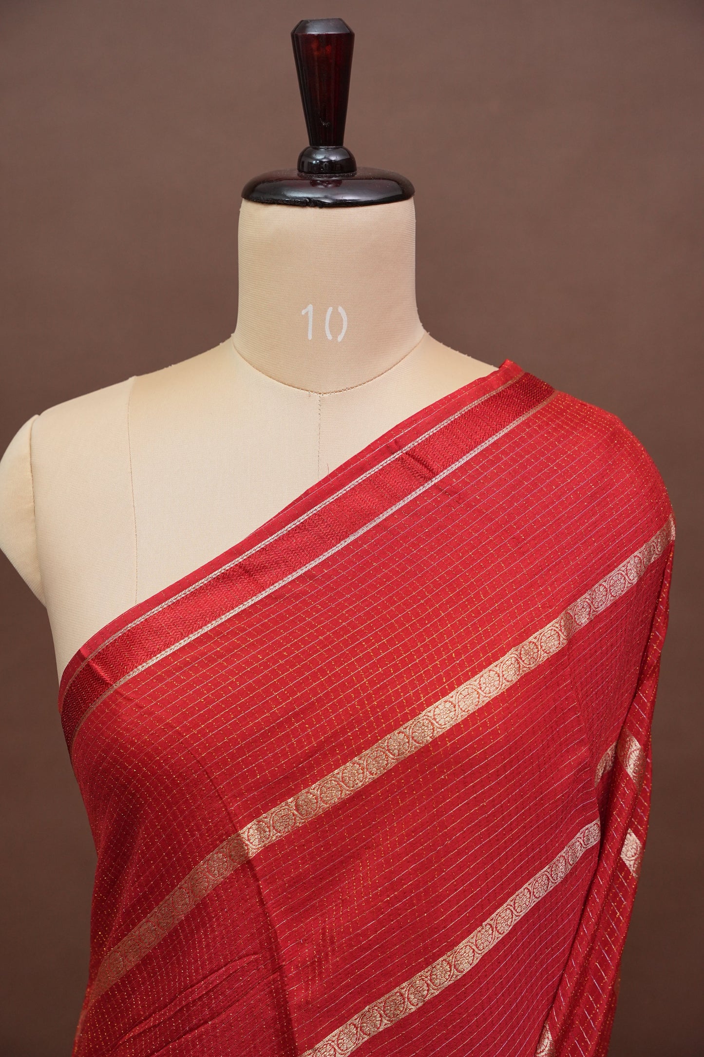 Deep Crimson Crepe Silk Saree with Elegant Gold Zari Checks