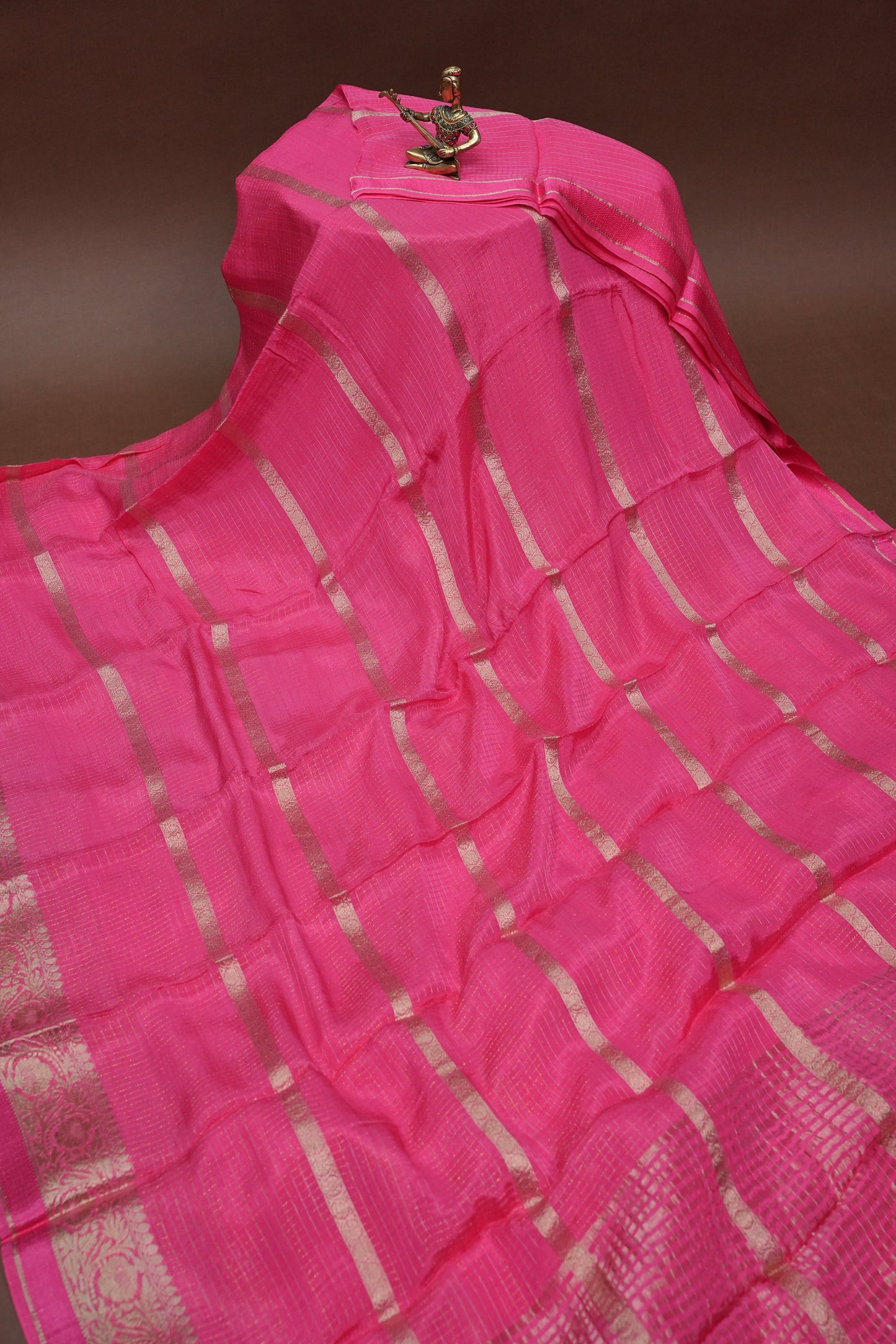 Candy Pink Crepe Silk Saree with Antique Gold Zari Border and Microchecks