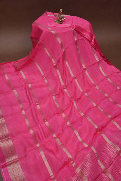Candy Pink Crepe Silk Saree with Antique Gold Zari Border and Microchecks