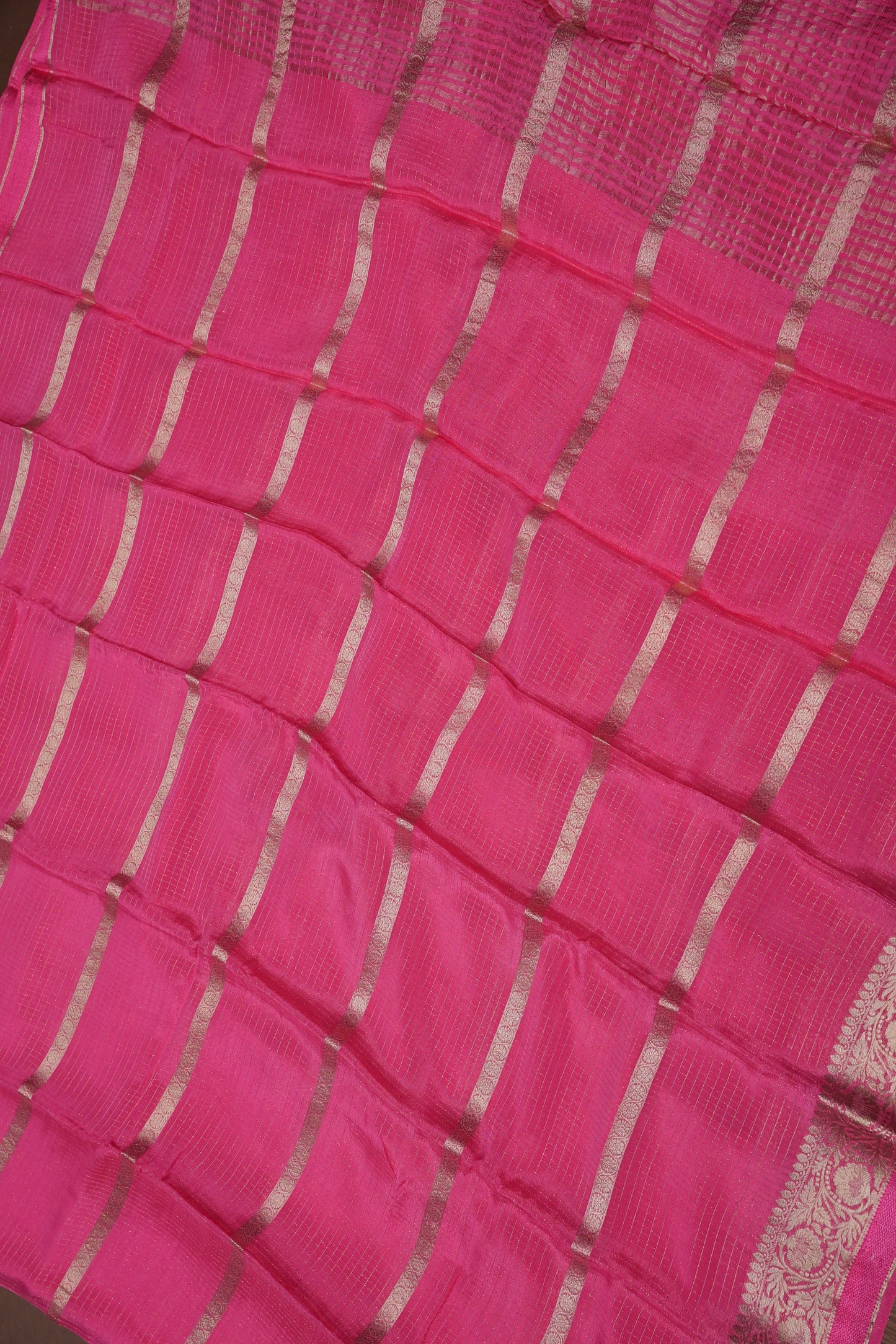 Candy Pink Crepe Silk Saree with Antique Gold Zari Border and Microchecks