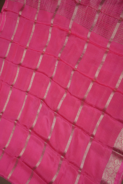 Candy Pink Crepe Silk Saree with Antique Gold Zari Border and Microchecks