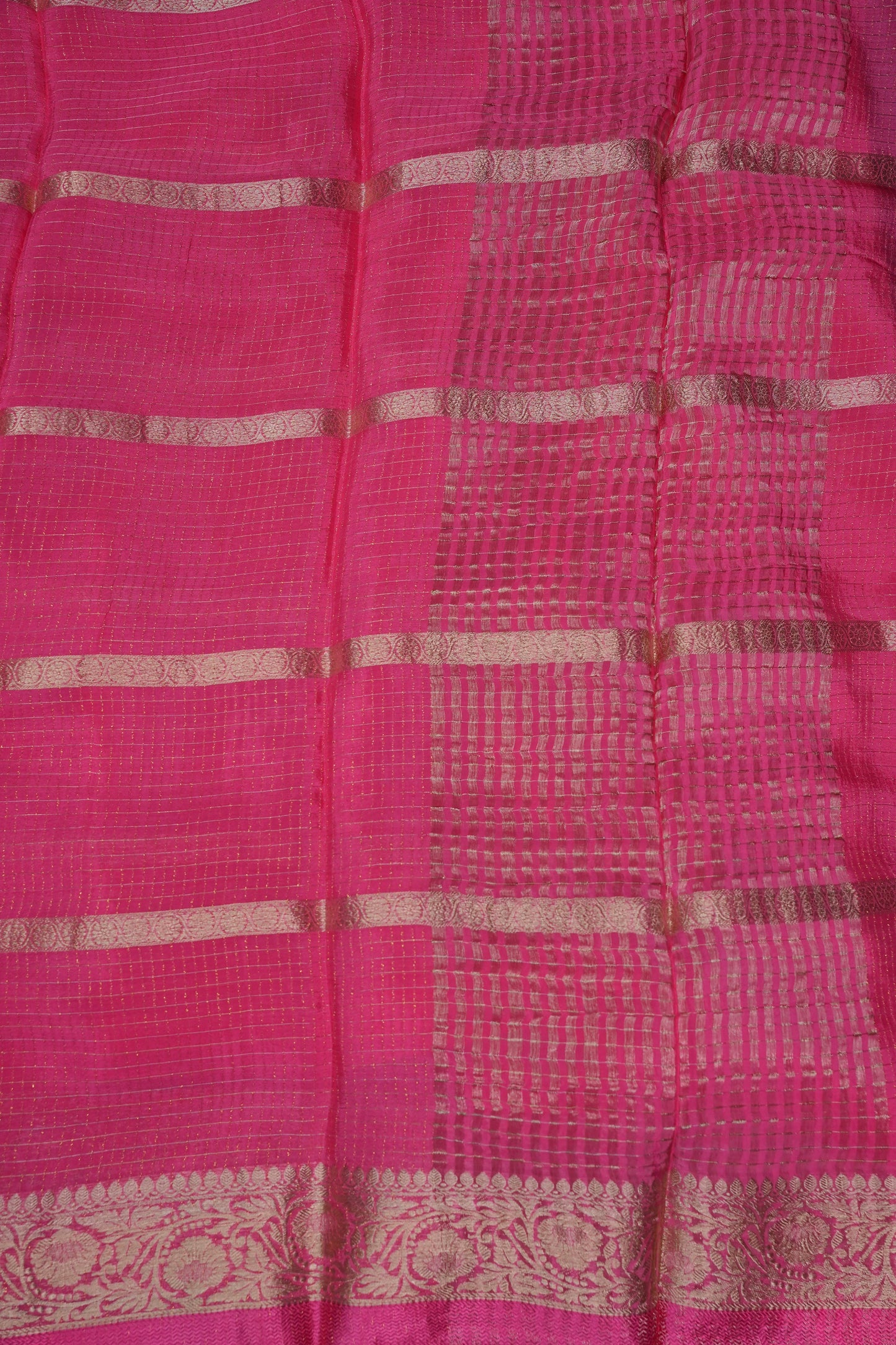 Candy Pink Crepe Silk Saree with Antique Gold Zari Border and Microchecks