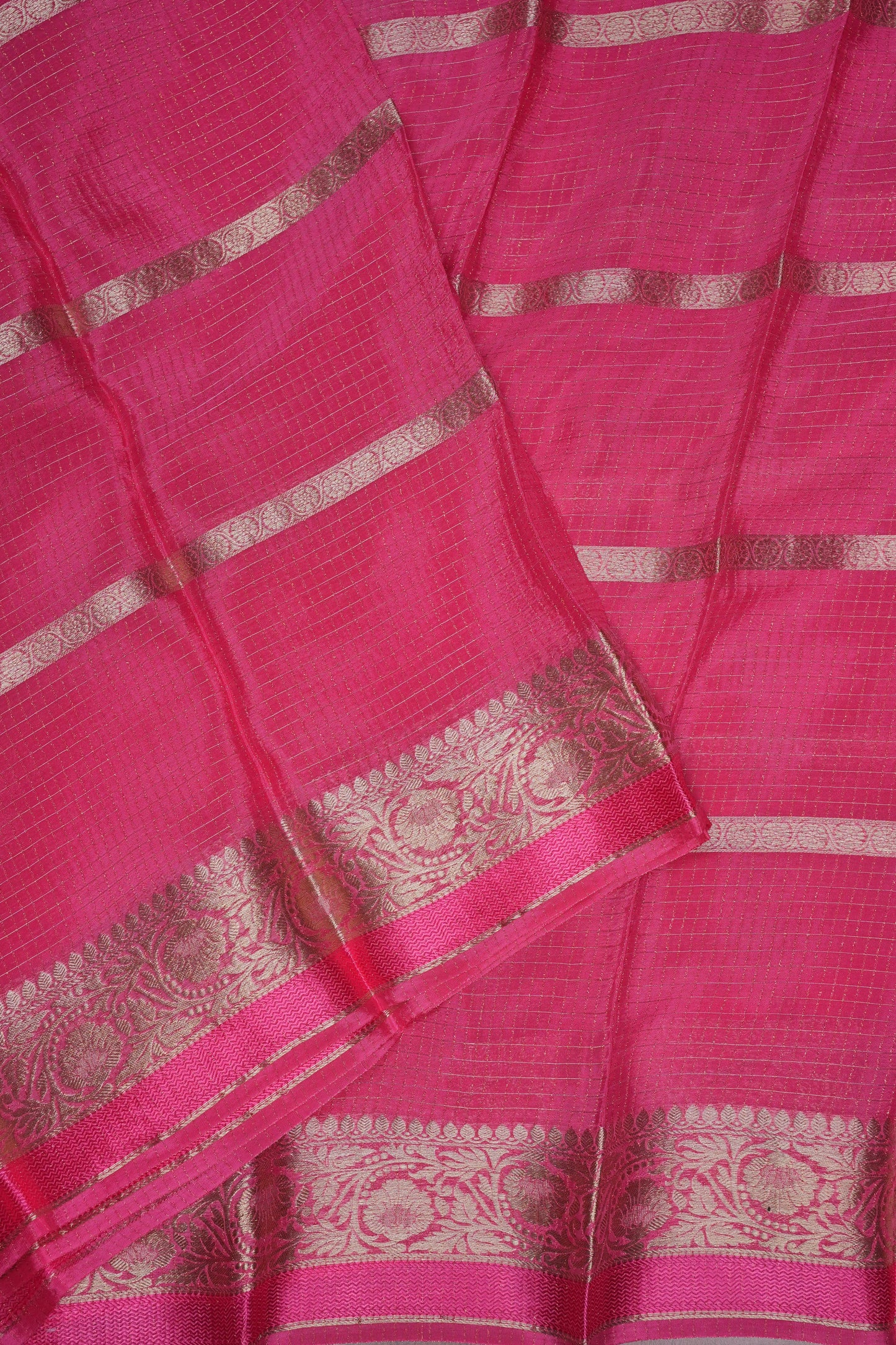 Candy Pink Crepe Silk Saree with Antique Gold Zari Border and Microchecks