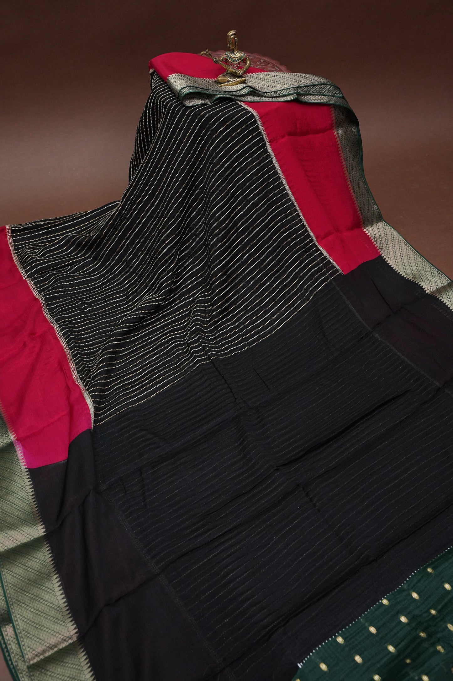 Georgette Crepe Silk Saree in Black with Red & Green Borders