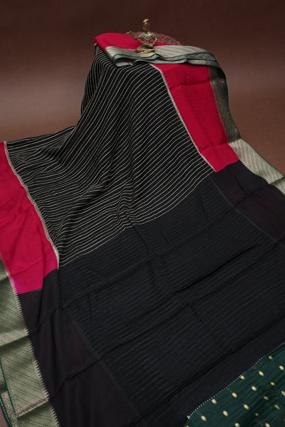 Georgette Crepe Silk Saree in Black with Red & Green Borders