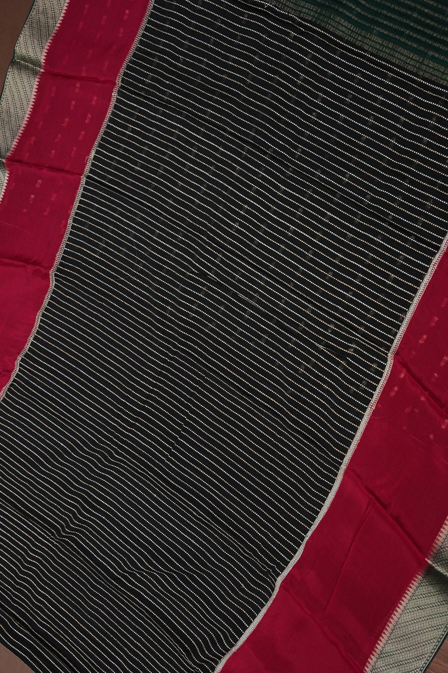 Georgette Crepe Silk Saree in Black with Red & Green Borders