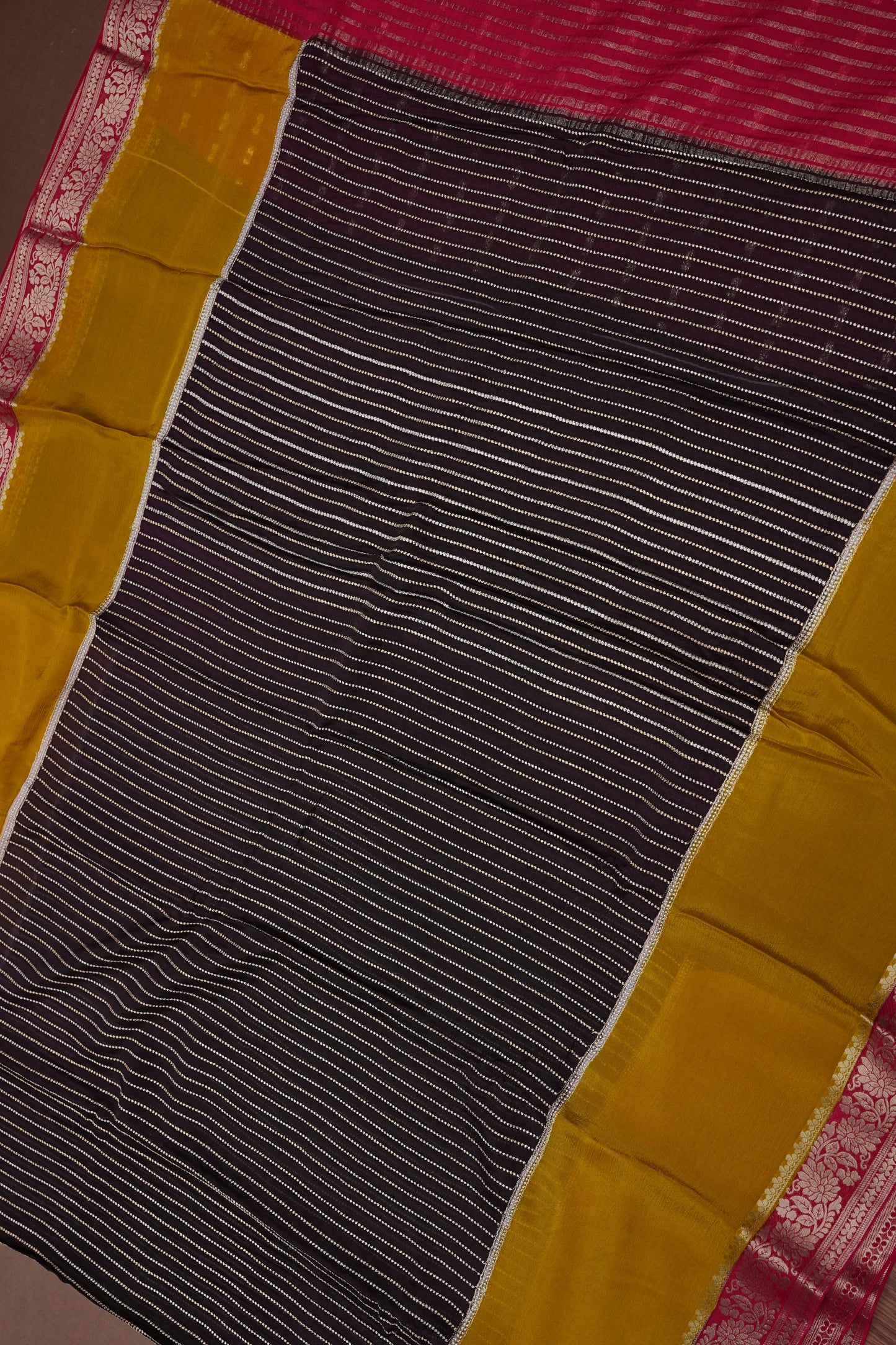 Georgette Crepe Silk Saree in Black with Mustard & Red Borders