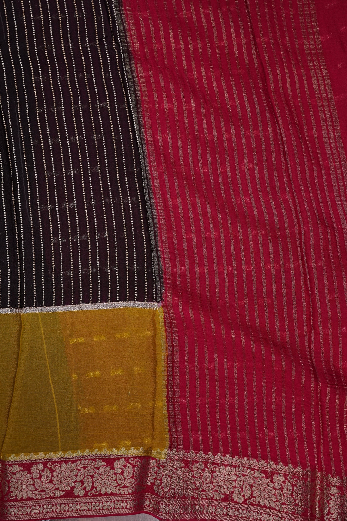 Georgette Crepe Silk Saree in Black with Mustard & Red Borders