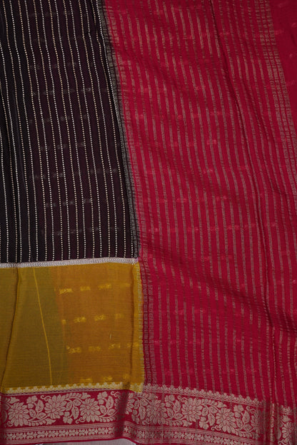 Georgette Crepe Silk Saree in Black with Mustard & Red Borders