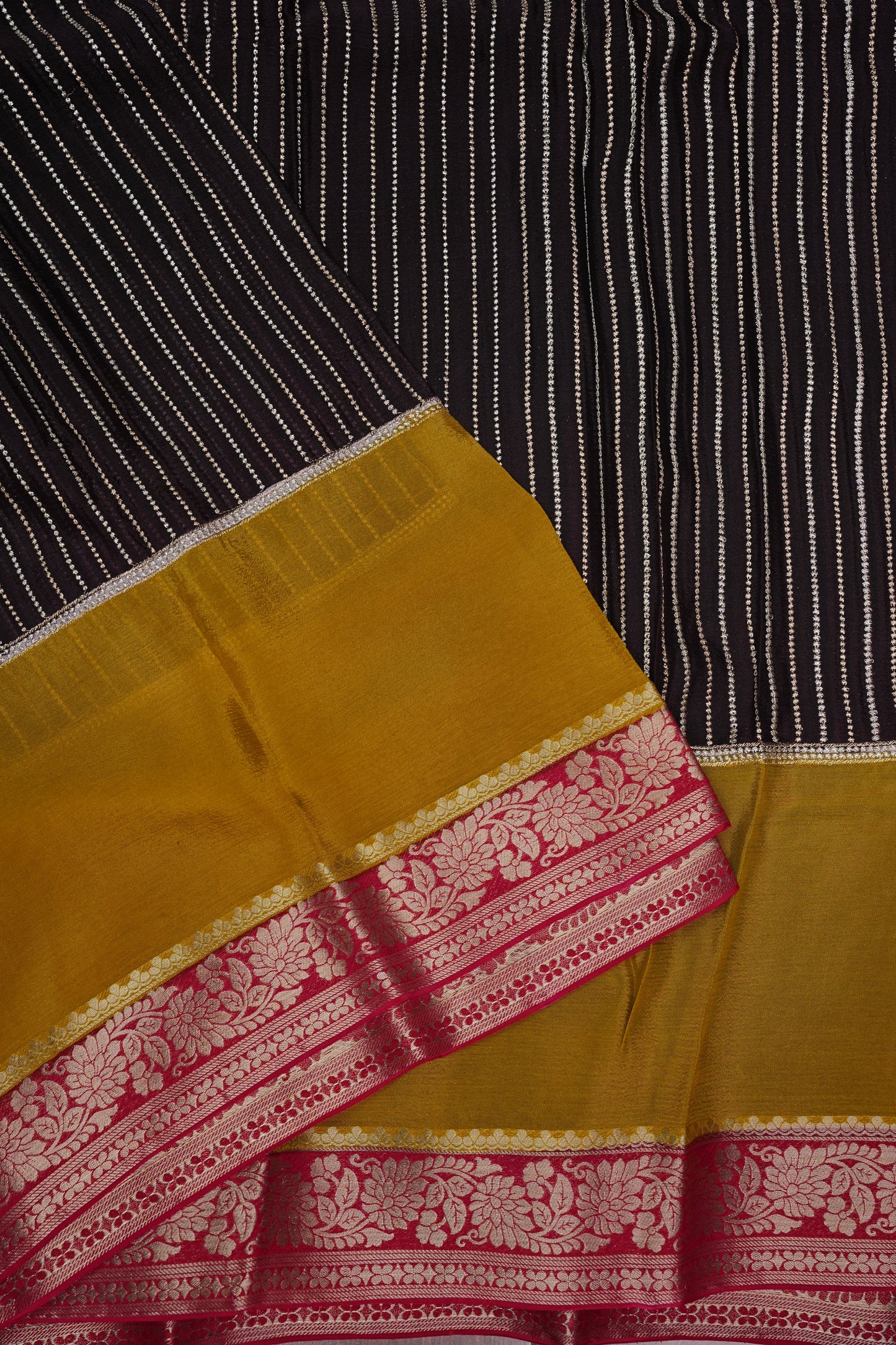 Georgette Crepe Silk Saree in Black with Mustard & Red Borders