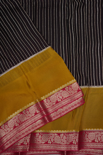 Georgette Crepe Silk Saree in Black with Mustard & Red Borders