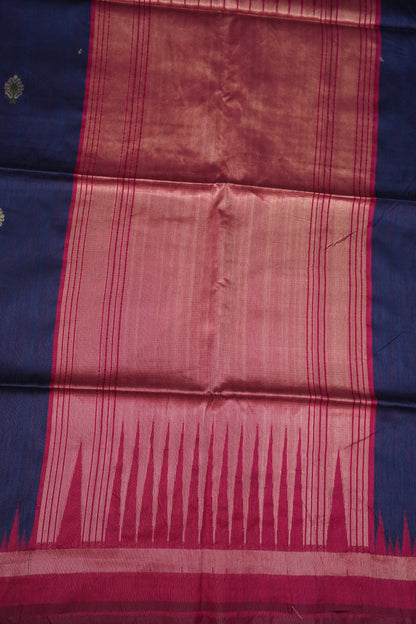 Semi Raw Silk Saree with Temple Border – Navy Blue & Rani Pink