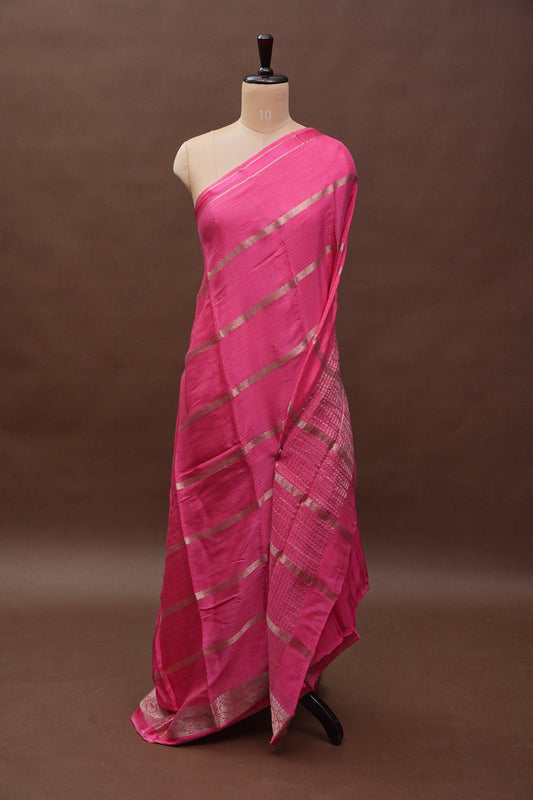 Candy Pink Crepe Silk Saree with Antique Gold Zari Border and Microchecks