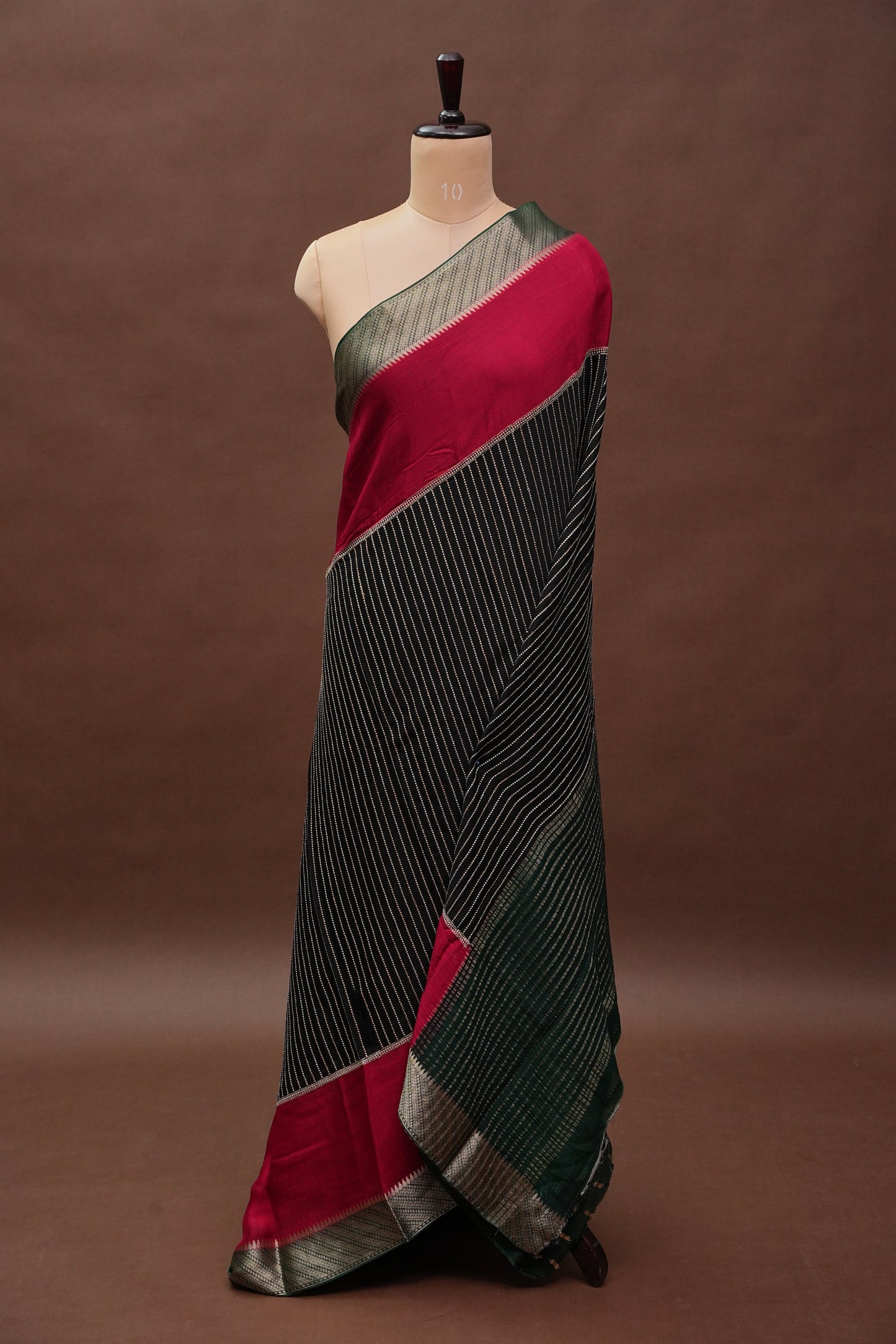 Georgette Crepe Silk Saree in Black with Red & Green Borders