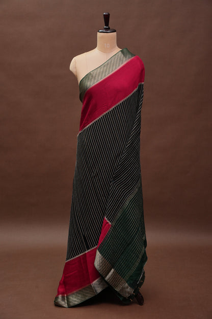 Georgette Crepe Silk Saree in Black with Red & Green Borders