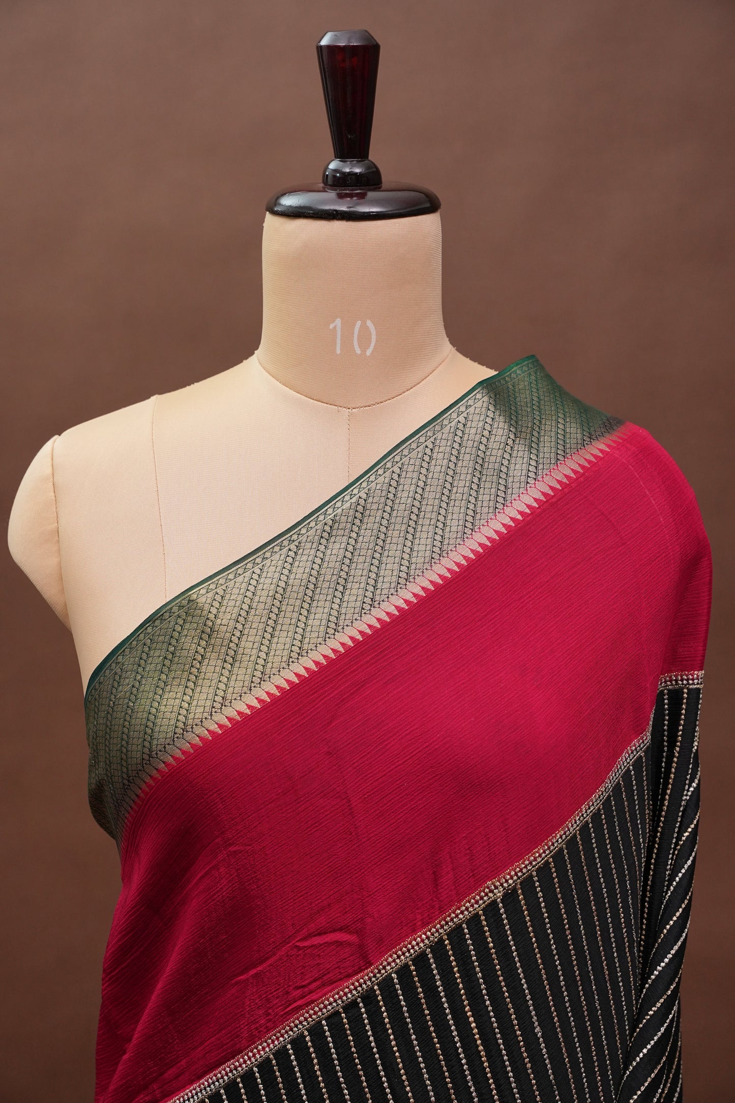 Georgette Crepe Silk Saree in Black with Red & Green Borders