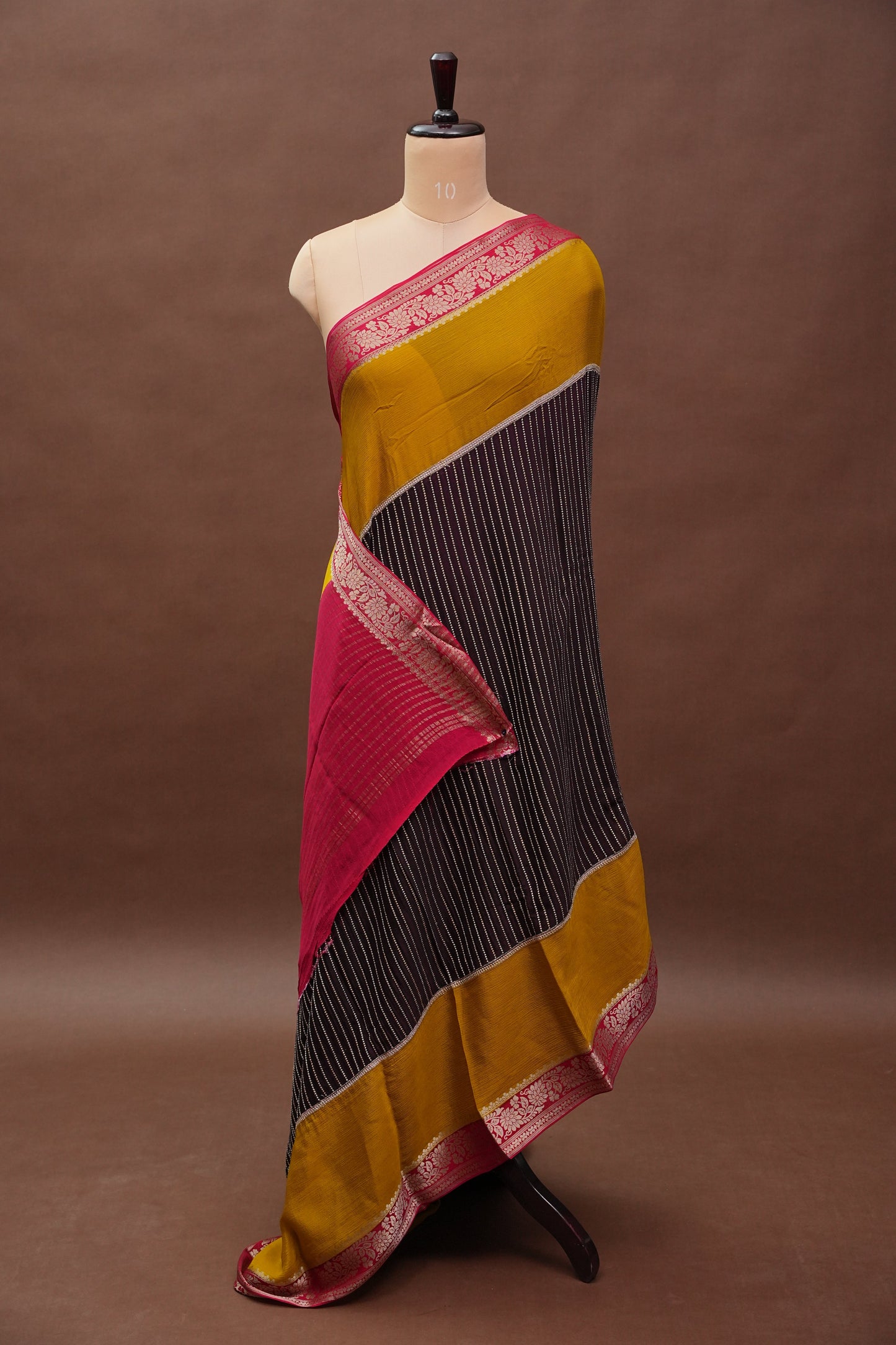 Georgette Crepe Silk Saree in Black with Mustard & Red Borders