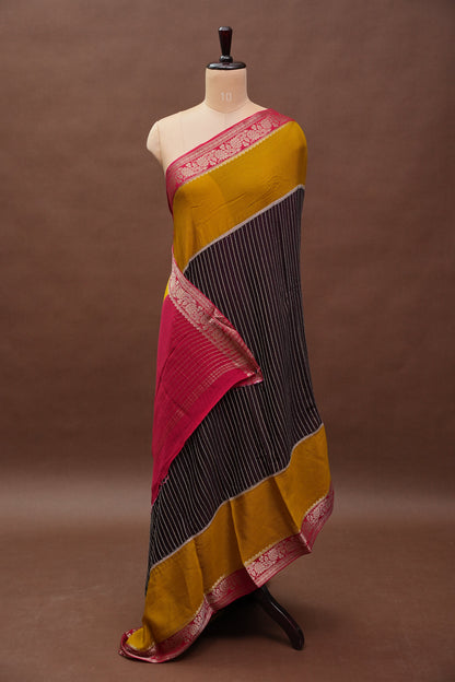 Georgette Crepe Silk Saree in Black with Mustard & Red Borders