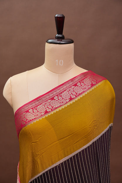 Georgette Crepe Silk Saree in Black with Mustard & Red Borders