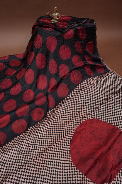 Pure Modal Silk Saree in Geometric Pattern – Black & Red