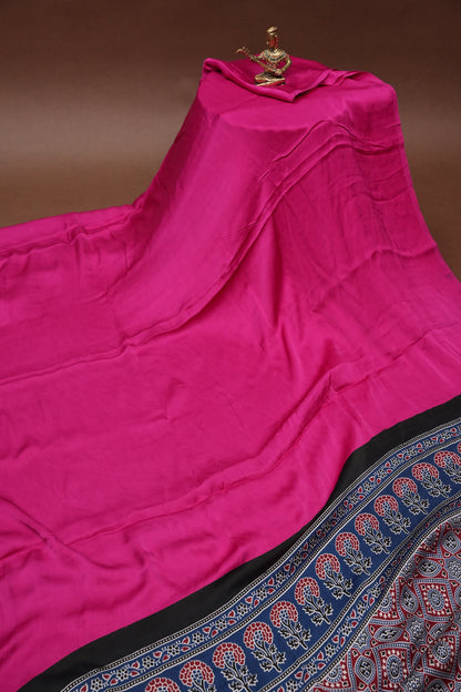 Pure Modal Silk Saree With Ajrakh Printed Pallu - Hot Pink