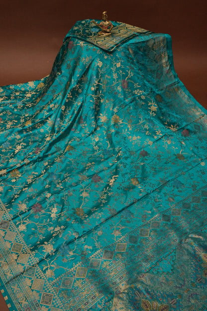 Turquoise Blue Banarasi Satin Silk Saree with Meenakari Floral Zari Weave & Rich Brocade Border