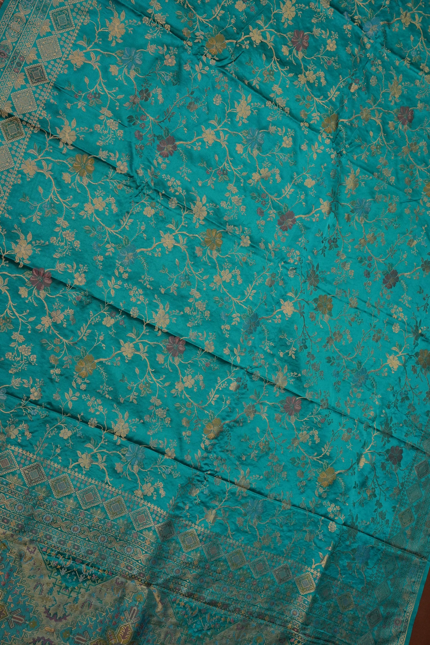Turquoise Blue Banarasi Satin Silk Saree with Meenakari Floral Zari Weave & Rich Brocade Border