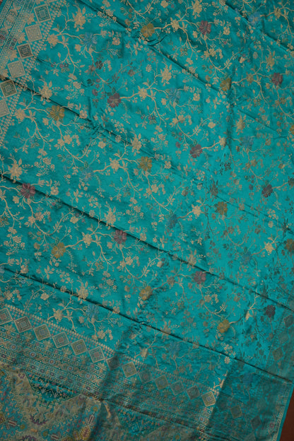 Turquoise Blue Banarasi Satin Silk Saree with Meenakari Floral Zari Weave & Rich Brocade Border