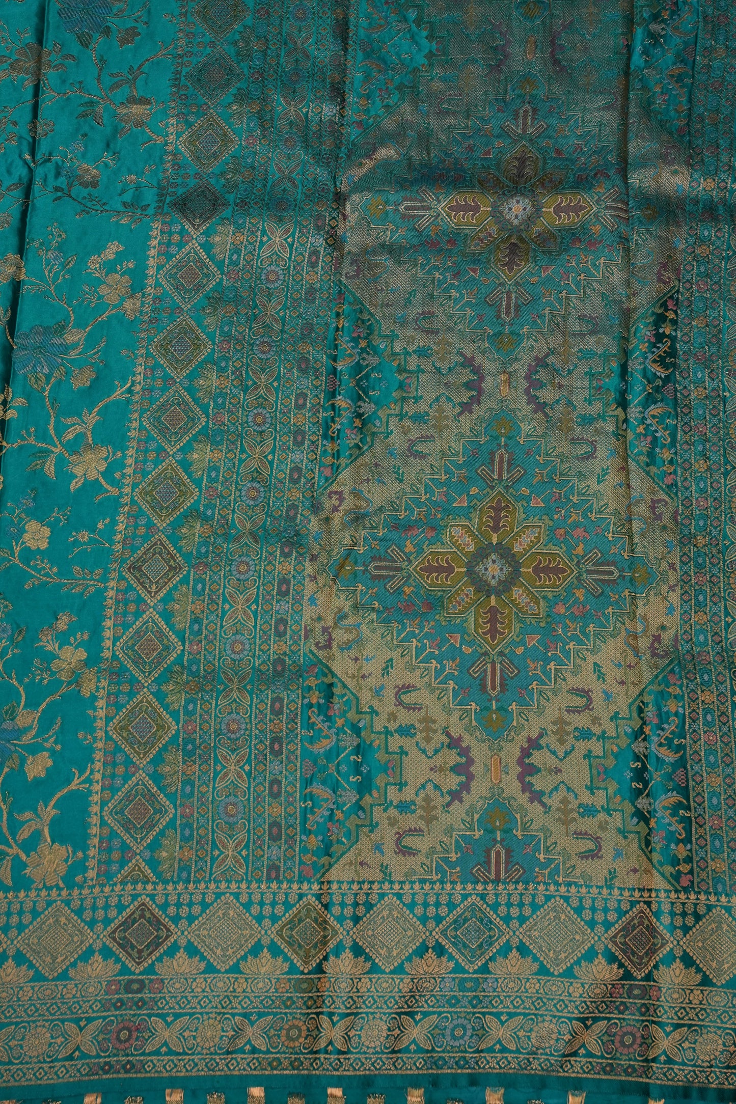 Turquoise Blue Banarasi Satin Silk Saree with Meenakari Floral Zari Weave & Rich Brocade Border