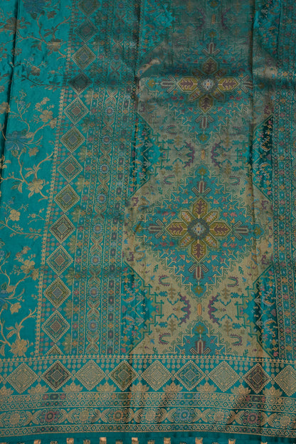Turquoise Blue Banarasi Satin Silk Saree with Meenakari Floral Zari Weave & Rich Brocade Border