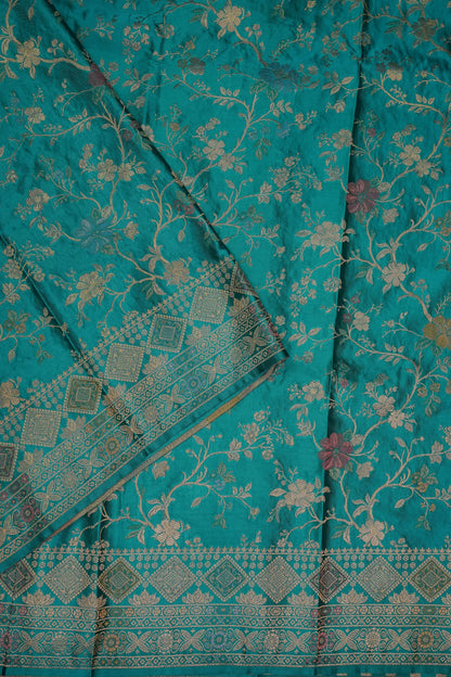 Turquoise Blue Banarasi Satin Silk Saree with Meenakari Floral Zari Weave & Rich Brocade Border