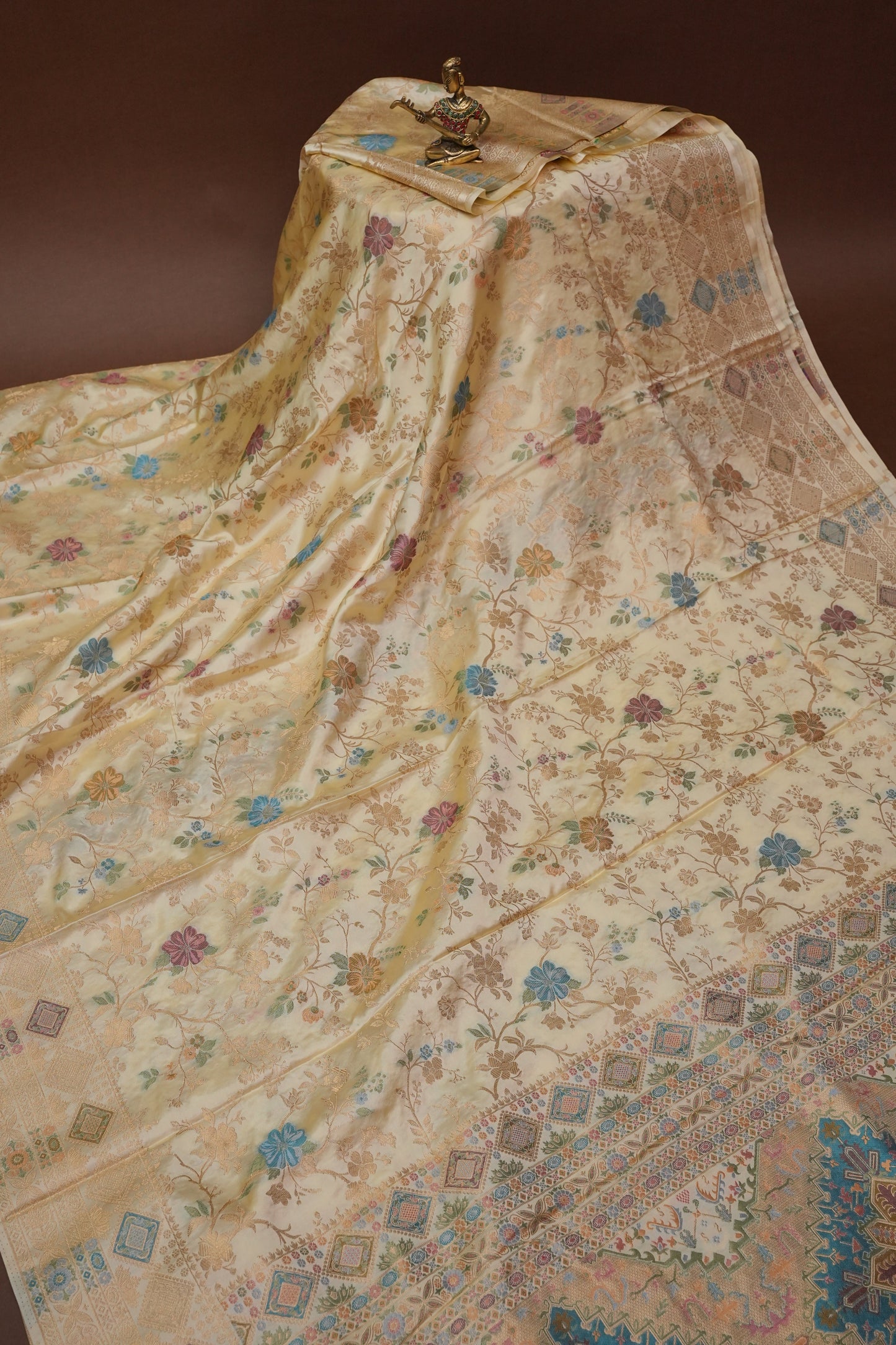 Ivory Banarasi Satin Silk Saree with Meenakari Floral Zari Weave & Heritage Brocade Pallu