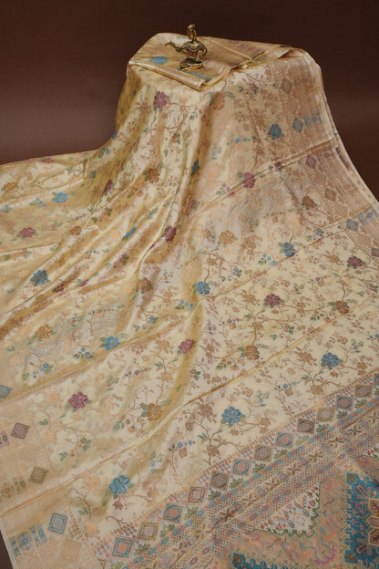 Ivory Banarasi Satin Silk Saree with Meenakari Floral Zari Weave & Heritage Brocade Pallu