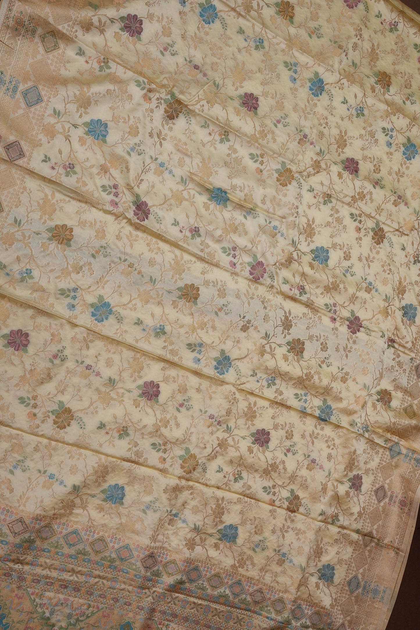 Ivory Banarasi Satin Silk Saree with Meenakari Floral Zari Weave & Heritage Brocade Pallu