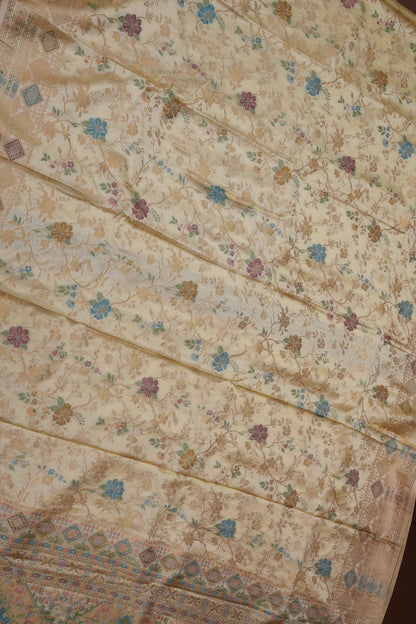 Ivory Banarasi Satin Silk Saree with Meenakari Floral Zari Weave & Heritage Brocade Pallu