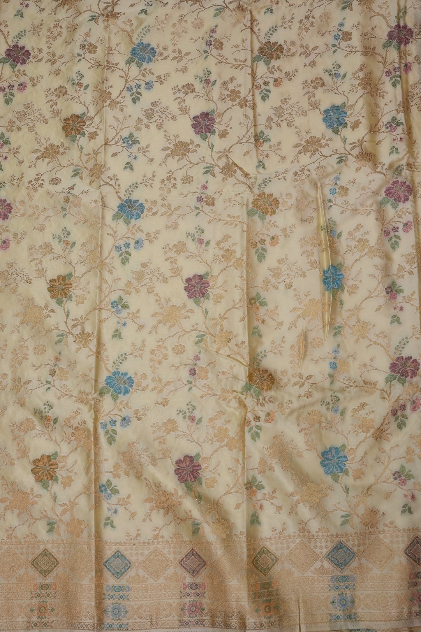 Ivory Banarasi Satin Silk Saree with Meenakari Floral Zari Weave & Heritage Brocade Pallu
