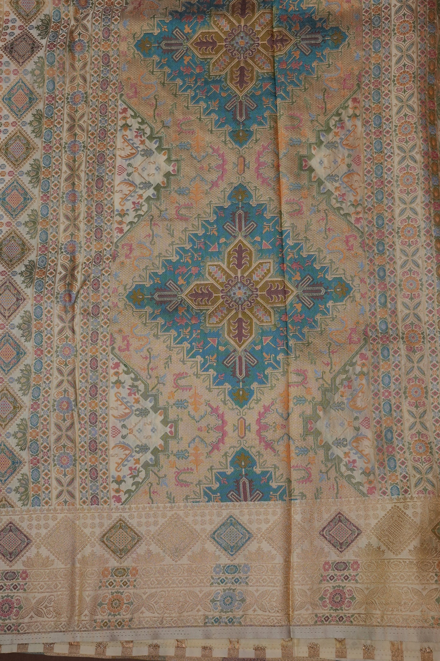 Ivory Banarasi Satin Silk Saree with Meenakari Floral Zari Weave & Heritage Brocade Pallu
