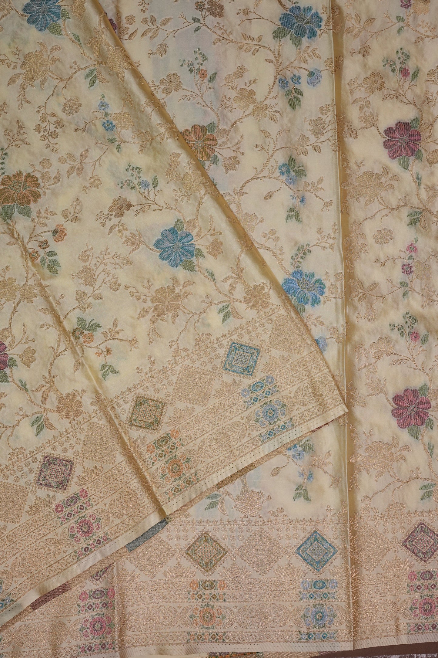 Ivory Banarasi Satin Silk Saree with Meenakari Floral Zari Weave & Heritage Brocade Pallu