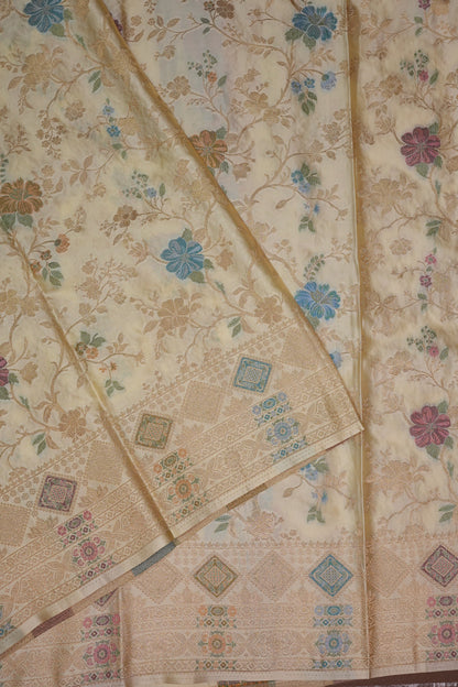 Ivory Banarasi Satin Silk Saree with Meenakari Floral Zari Weave & Heritage Brocade Pallu
