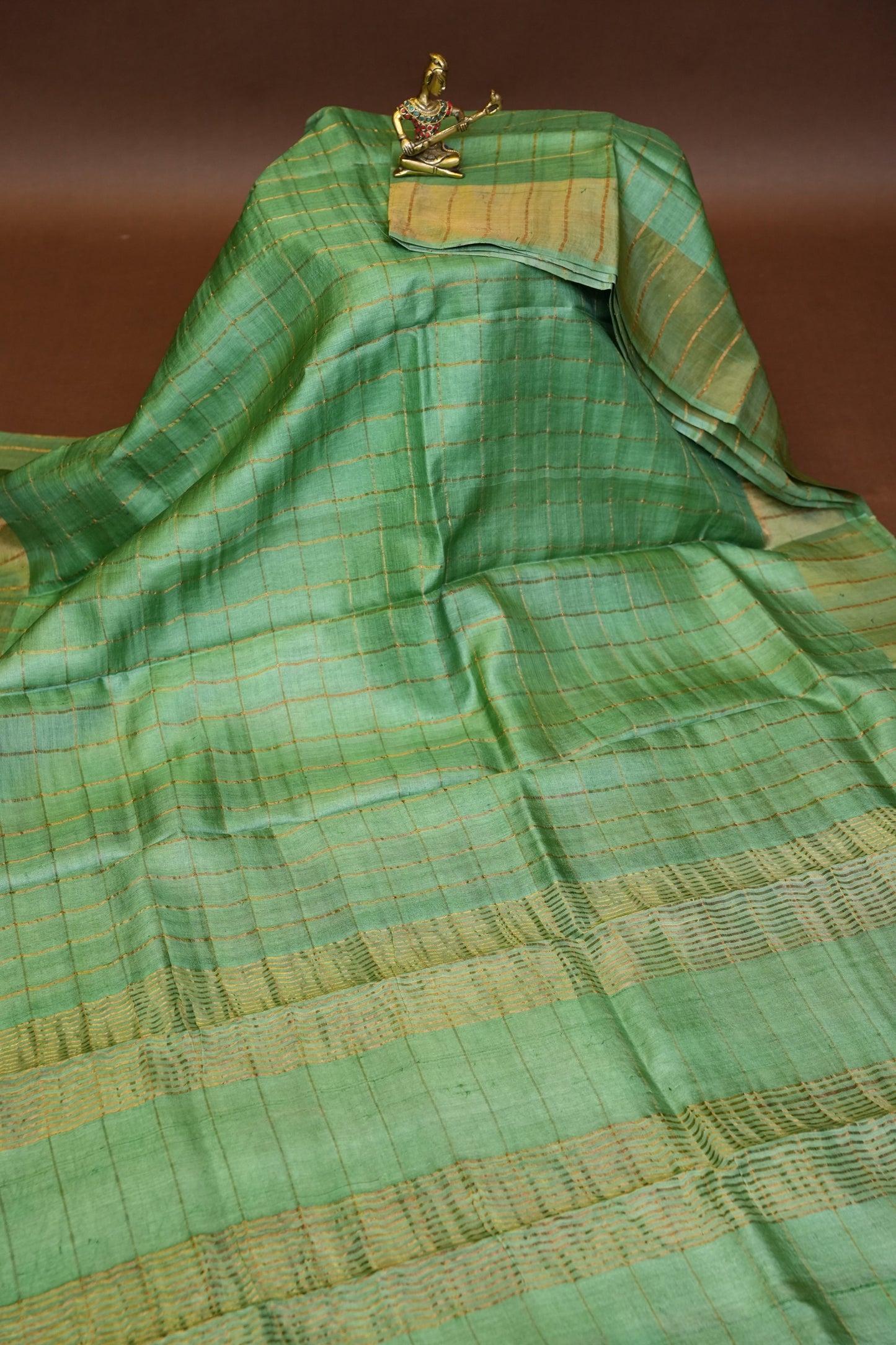 Pure Tussar Silk Saree with Handpainted Blouse-Sea Green|Silk Mark Certified