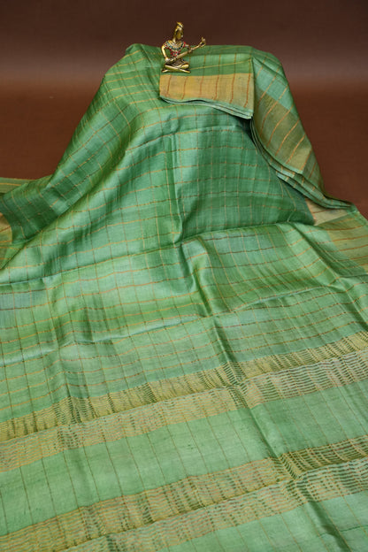 Pure Tussar Silk Saree with Handpainted Blouse-Sea Green|Silk Mark Certified