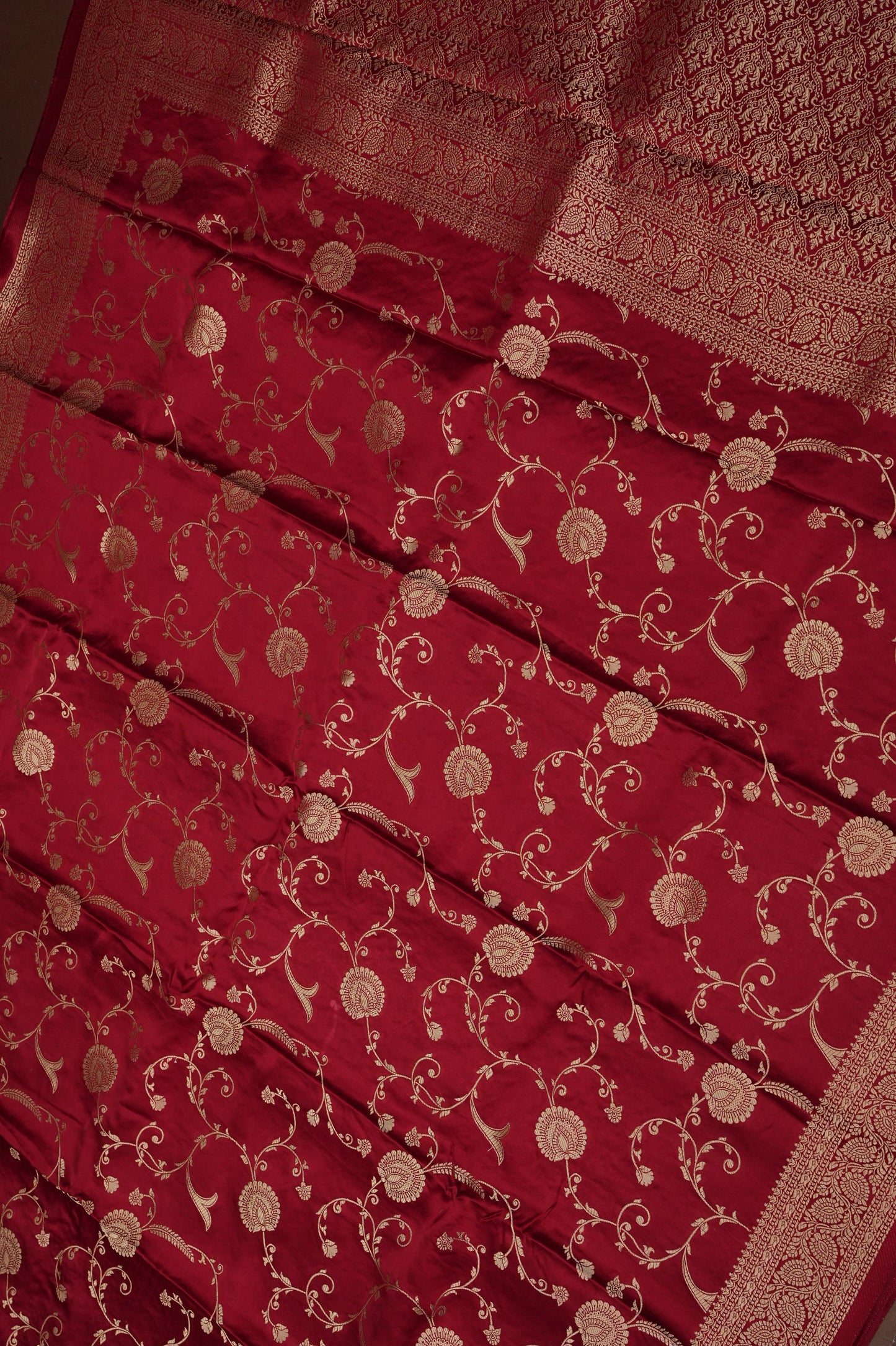 Pure Mashru Silk Saree in Deep Red with Intricate Jaal Weave