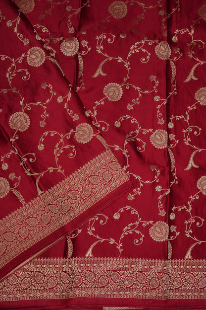 Pure Mashru Silk Saree in Deep Red with Intricate Jaal Weave