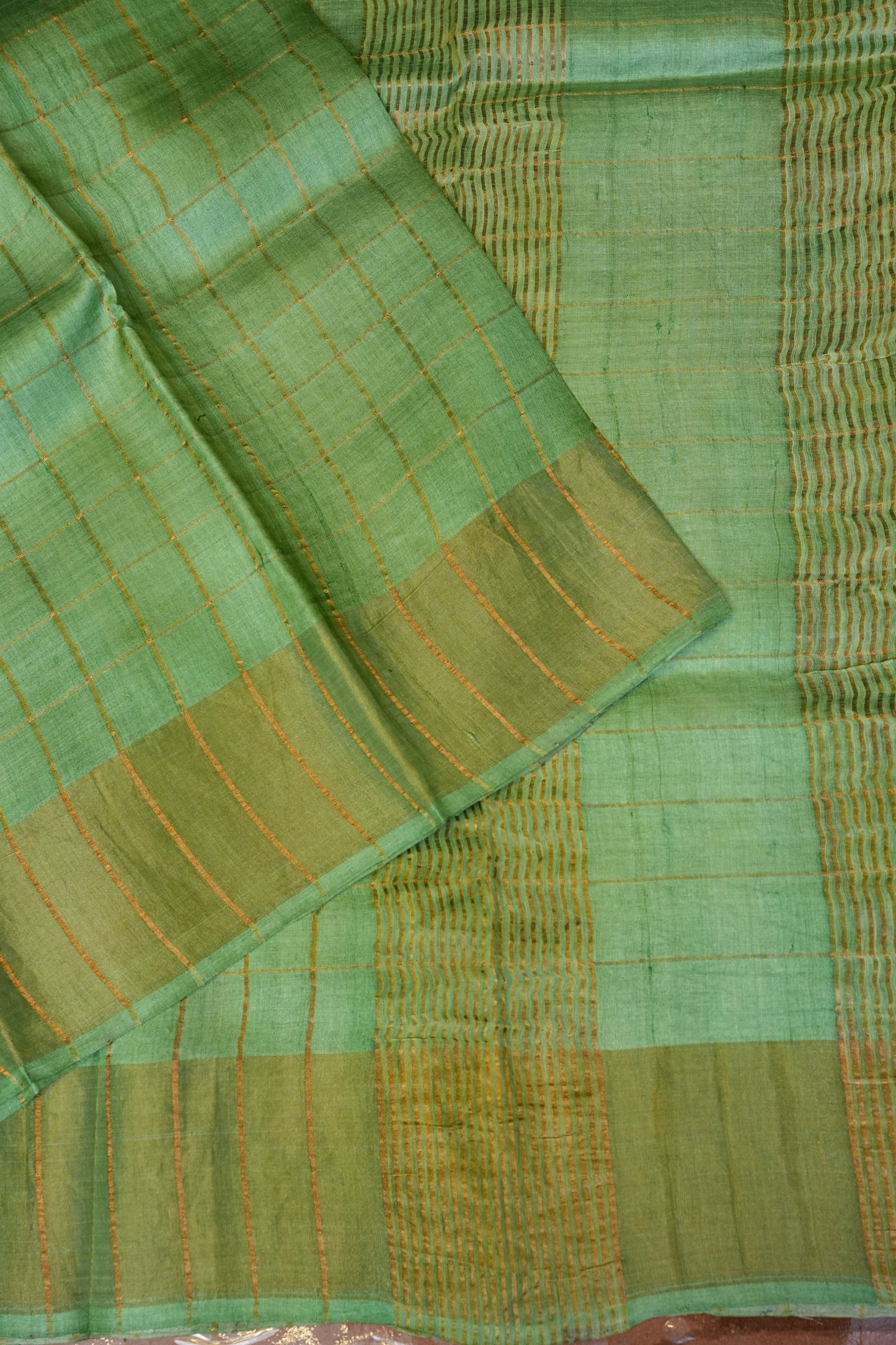 Pure Tussar Silk Saree with Handpainted Blouse-Sea Green|Silk Mark Certified