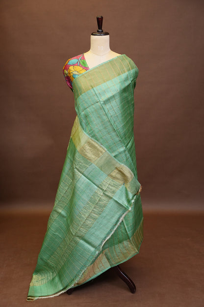 Pure Tussar Silk Saree with Handpainted Blouse-Sea Green|Silk Mark Certified