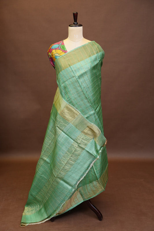 Pure Tussar Silk Saree with Handpainted Blouse-Sea Green|Silk Mark Certified