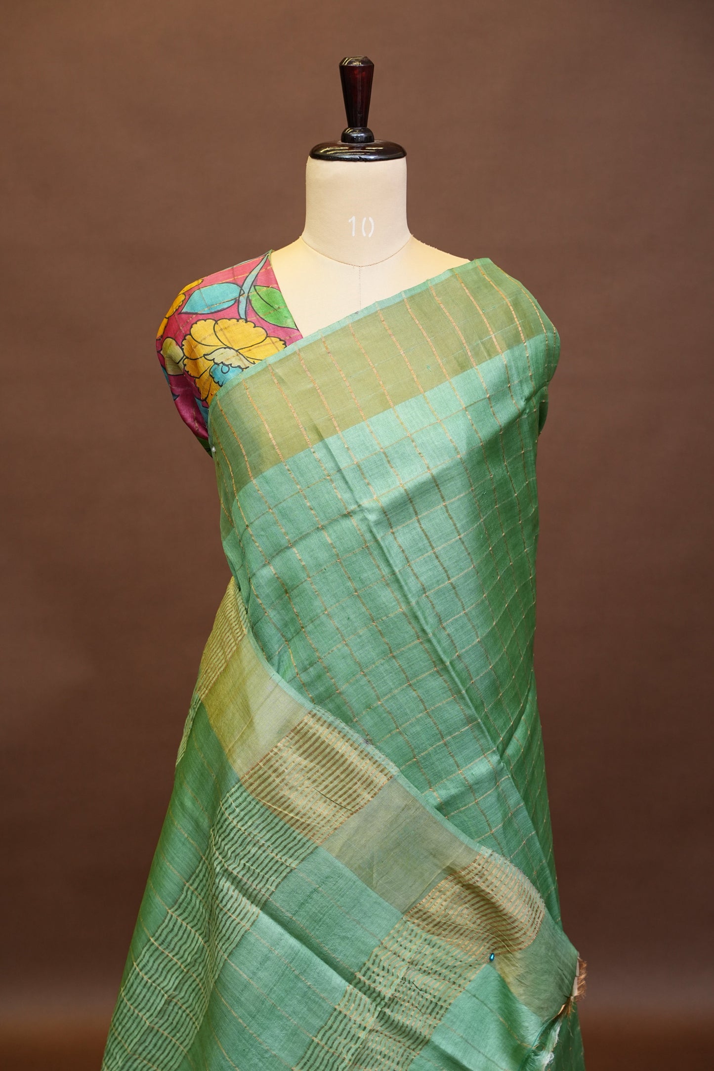 Pure Tussar Silk Saree with Handpainted Blouse-Sea Green|Silk Mark Certified