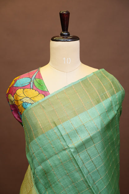 Pure Tussar Silk Saree with Handpainted Blouse-Sea Green|Silk Mark Certified