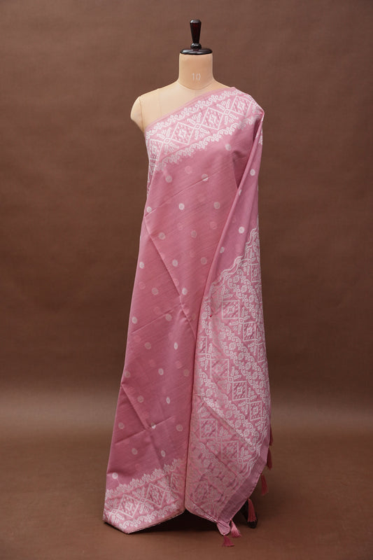 Pink Jamdani Saree with Intricate White Woven Motifs